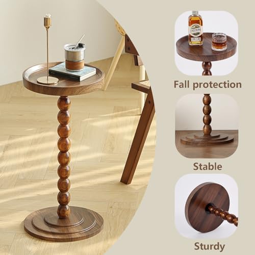 Round Pedestal SideTable Living Room, 24 in tall Small Drink Table Walnut - Image 6
