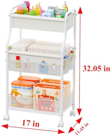 3-Tier Diaper Caddy Organizer & Rolling Cart,Metal Utility Cart with 4+2 Dividers & Lockable Silent Casters, Mobile Storage Cart for Nursery Essentials, Multi-Purpose for Kidsroom Changing Table - Image 7