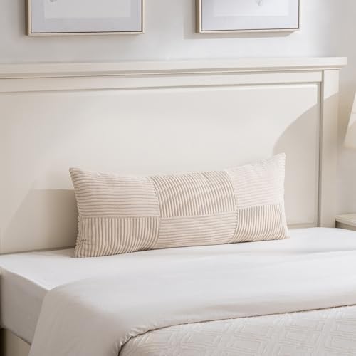 Fancy Homi Set of 2 Tan Boho Long Lumbar Body Decorative Throw Pillow Cover 14x36 Inch for Bed Couch Bedroom Bench, Soft Patchwork Corduroy Textured Pillow Case, Rustic Farmhouse Room Décor - Image 6