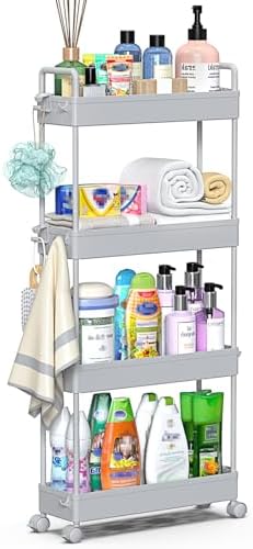 SOLEJAZZ Slim Rolling Storage Cart Skinny Bathroom Organizer, 4 Tier, Gray - Image 7