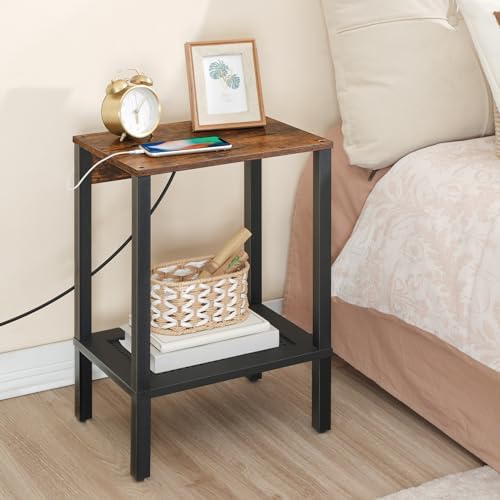 HOOBRO Side Table with Charging Station, End Table with USB Ports and Outlet, Small Nightstand with 2-Tier Storage Shelf, Faux Rattan Decoration, for Small Space, Rustic Brown and Black BF91UBZ01 - Image 6