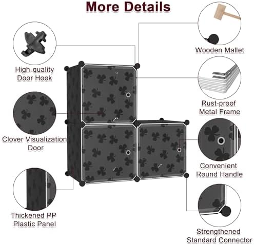 C&AHOME Clover Embossed Storage Organizer with Doors 3-Cube Shelf Black - Image 7