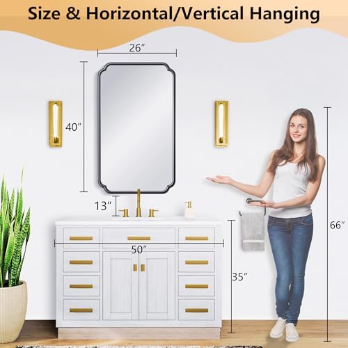 Ferytange 26"x40" Rustproof Bathroom Mirror Black, Round Corner Metal Frame Wall Mirror, Horizontal/Vertical Hanging Over Sink, Bedroom Bathroom Decor - Image 6