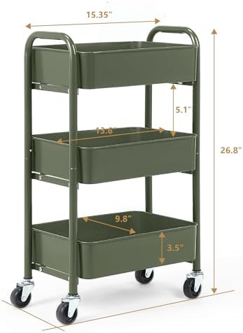 SunnyPoint 3-Tier Delicate Compact Rolling Metal Storage Organizer - Mobile Utility Cart Kitchen/Under Desk Cart with Caster Wheels - Army (15.35" X 10.24" X 26.8"H) - Image 6