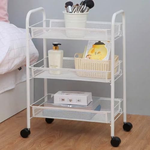 Storage Carts 3-Tier, Metal Utility Rolling Cart with Wheels, Snack Shelves, Fruit Basket Stand for Living Room, Kitchen, Office, with 360° Wheels & Hooks, White - Image 6
