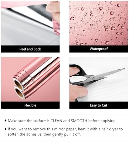 LaCheery 15.8"x80" Rose Gold Mirror Stickers Flexible Mirror Sheets Self Adhesive Mirrors Wall Sticker Reflective Film Contact Paper Peel and Stick Mirrors Wallpaper Roll for Crafts Cabinets Decor - Image 7