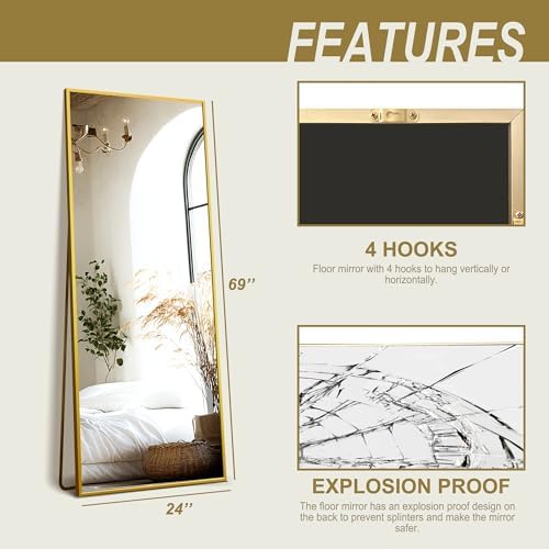 Delma Full Length Mirror with Stand, 69x24 Gold Floor Mirror - Image 7