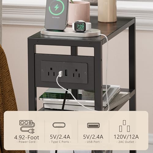 End Table with Charging Station, 3-Tier Side Table for Small Space, Skinny Nightstand with USB/Type C Port and 2 Outlets, Slim Sofa Beside Table for Living Room, Bedroom and Balcony, Black - Image 6