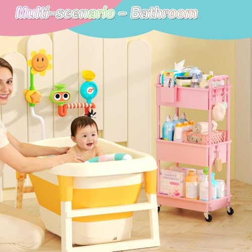 SUNALLY Baby Diaper Caddy Cart, 3 Tier Rolling Diaper Cart for Nursery,Pink - Image 7