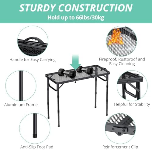 VINTEAM Folding Grill Table with Mesh Top, 3 Adjustable Heights, Lightweight Portable Camping Table, Black Aluminum Alloy BBQ Picnic Table for Outdoor Cooking, Tailgating, Beach, RV & Backyard - Image 6