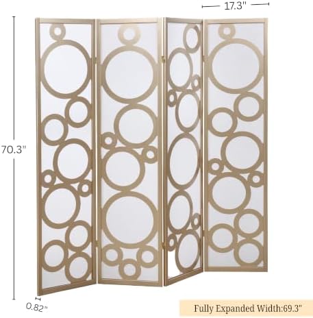 Roundhill Furniture Arvada 4-Panel Wood Room Divider with Circle Pattern, Gold - Image 5