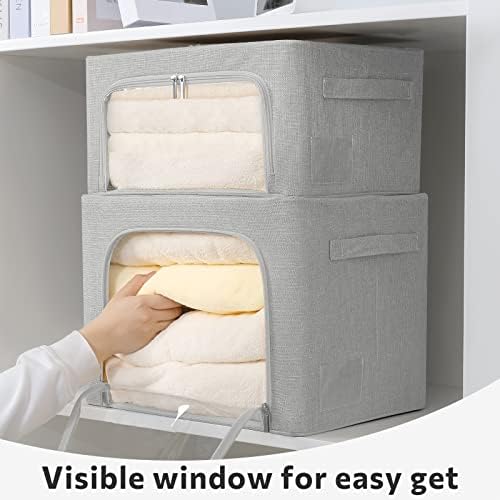 FHSQX 2 Pack Clear Window Storage Bins - Large Stackable Linen Fabric Storage for Clothes Foldable Container Organizer Set with Carrying Handles (Light Gray, 15.7x 11.8x 11.7 Inch) - Image 6
