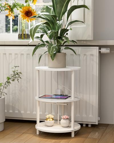 XBurmo Small Round End Table - 3 Tier Design Accent Table, Narrow Side or Bedside Stand, Industrial Vintage Table for Small Spaces, Built-in USB Ports and Power Outlet, Marble White - Image 7