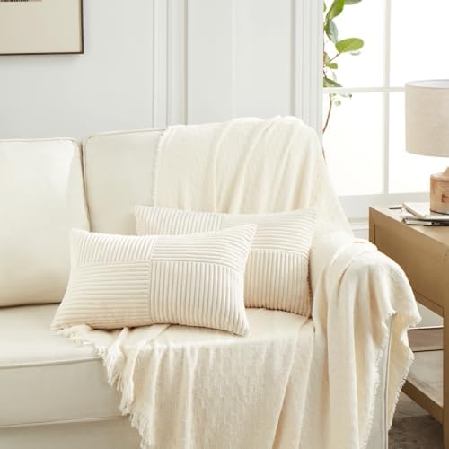 Fancy Homi 2 Packs Cream Lumbar Decorative Throw Pillow Covers 16x32 Inch for Living Room Couch Bed Sofa, Rustic Farmhouse Boho Home Decor, Soft Striped Corduroy Rectangle Accent Cushion Case 40x80 cm - Image 6