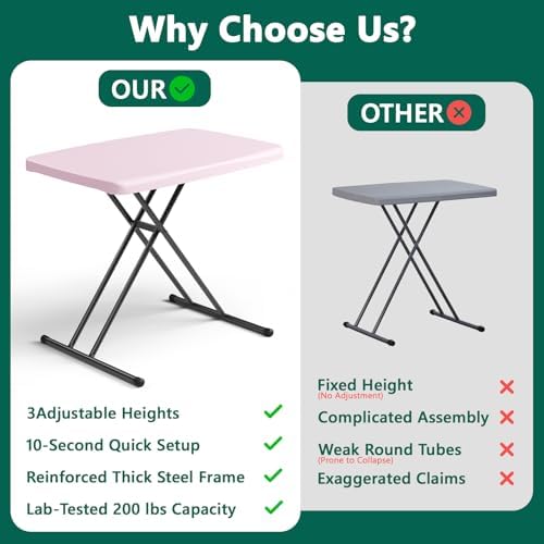 Folding Table 30 Inch - 2Pack,Small Desk Adjustable Height TV Tray for Laptop, Couch, Camping - Heavy Duty Utility Foldable Table for Small Spaces, No Assembly Required, Pink Granite - Image 6