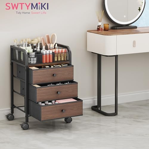 SWTYMIKI Rolling Makeup Organizer Cart - 14.96″*11.81″*23.03″ Widened Under Desk Vanity Storage with 3 Non-woven Drawers, Cosmetic Display Cases for Skin Care Perfume Nail Polish Brush Hair Tool Black - Image 7