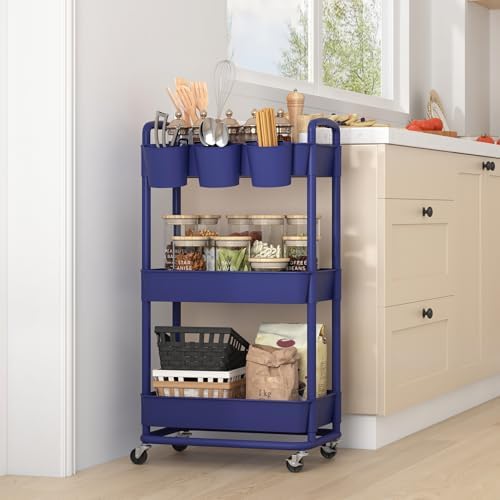 JIUYOTREE 3-Tier Plastic Rolling Storage Cart Utility Cart Blue - Image 6