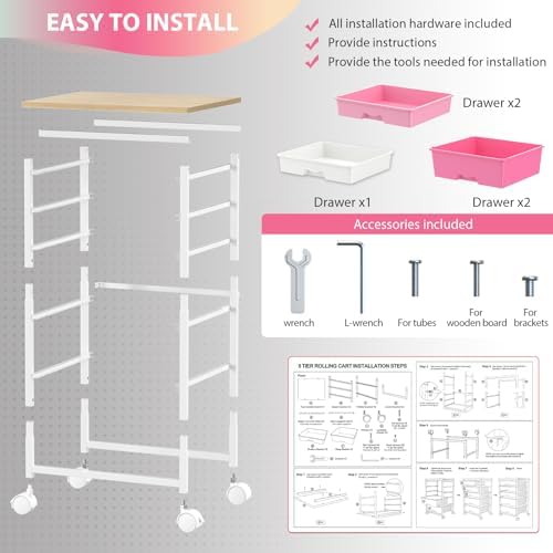 Goovilla Rolling Cart with 5 Drawers for Craft, Art, Dorm, Office, Pink - Image 6