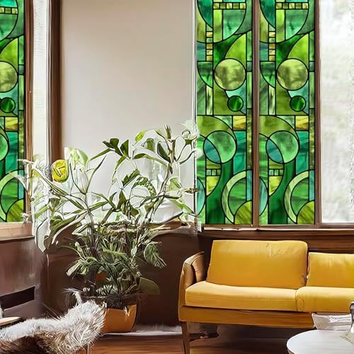 Original Hand Drawn Faux Stained Glass Window Film, Double-Sided Privacy Static Film, Emerald Geometry Patterns Inspired by March Balloon, Peep Proof 11.02"X55.12" - Image 5