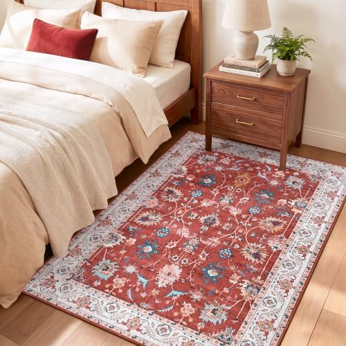 Hanples 3x5 Washable Rugs for Entryway, Vintage Floral Door Mat, Red - Image 6