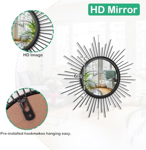 Sunburst Wall mirror Black Small Spoked Wall Decor Mirror Bohemian Home Round Modern Metal Wall Art Mirror for Living room Hallway Bedroom Bathroom Balcony Farmhouse Entrance 12" - Image 7