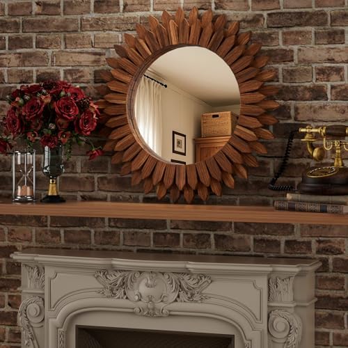 28" Walnut Round Sunburst Wooden Mirror Boho Rustic Wall Decor - Image 6