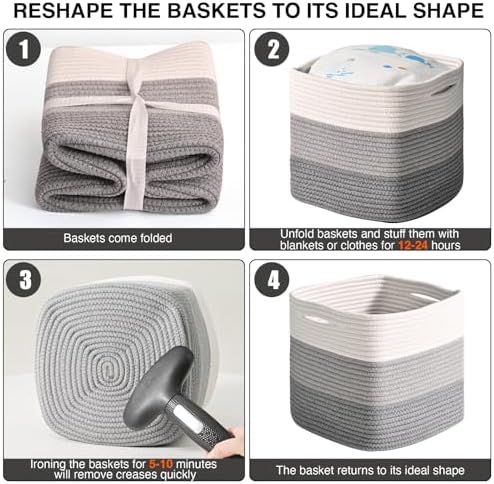 ICERZCZ 11 Inch Cube Storage Bins, Storage Cube Organizer Bins, Woven Cotton Rope Basket for Storage, Storage Baskets for Organizing Shelves, Grey Baskets for Toys, Gradient Grey (Pack of 3) - Image 7