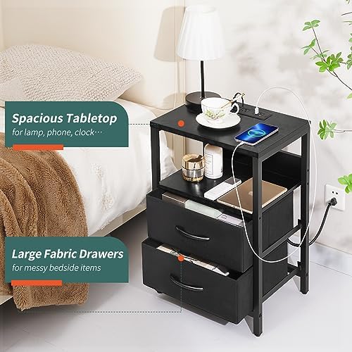 Yoobure Nightstand with Charging Station, Small Night Stand with Fabric Drawers and Storage Shelf for Bedrooms, Nightstands for Small Spaces, Bedside Table with USB Ports & Outlets Bed Side Table - Image 6