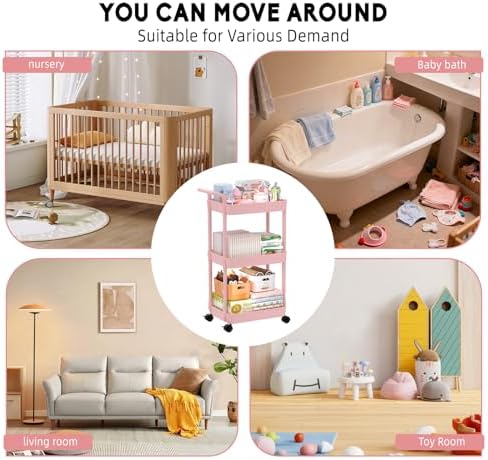 Volnamal Diaper Caddy, 3 Tier Rolling Cart for Baby Essentials, Pink - Image 6