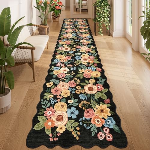 DUKINO 2.6x12 Washable Runner Rug, Floral Non Slip Long Kitchen Rug, Black - Image 7