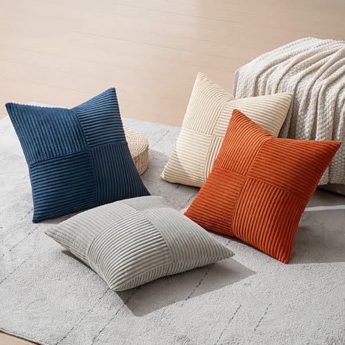 MIULEE Blue Rust Throw Pillow Covers 18x18 Inch Set of 4 Boho Farmhouse Cushion Cases Soft Corduroy Nordic Corduroy Pillow Cases Patchwork Home Decor for Couch Sofa Bedroom - Image 7