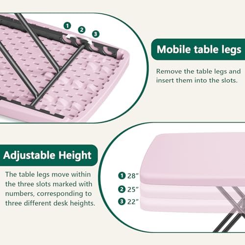 Folding Table- Small Desk Adjustable Height TV Tray for Laptop, Couch, Camping - Heavy Duty Utility Foldable Table for Small Spaces, No Assembly Required, Granite (Pink, 30in-2pack) - Image 6