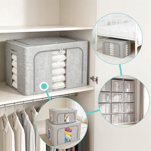 3 Pack Clothes Storage Bins, Foldable Metal Frame Storage Box with Lids,Stackable Linen Fabric Organizer Set with Carrying Handles,Zippers,and Clear Window (Grey, 66L) - Image 6