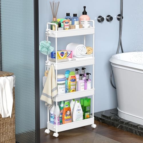 SOLEJAZZ Slim Rolling Storage Cart Skinny Bathroom Organizer, 4 Tier, White - Image 7