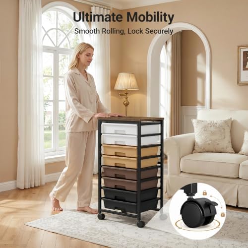 Pipishell Rolling Cart with 5 Drawers, Craft Storage Cart, Khaki Gradient - Image 6