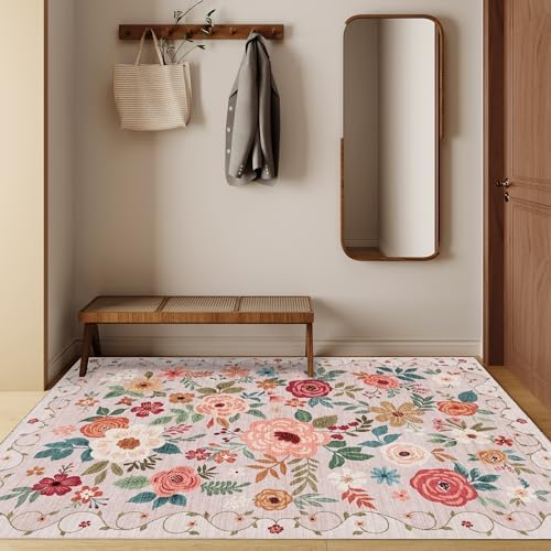 DUKINO 3x5 Area Rug, Floral Washable Rug for Bedroom Non Slip, Beige - Image 6