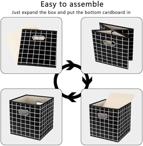 Yunkeeeper storage bins Cubes, Fabric Cube Organizer with Handle, Foldable Cube Bins for Cloth or Accessary Storage, 11x11x11, Set of 3,(Black grid) - Image 6