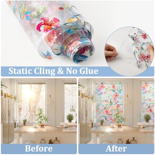 GORGECRAFT 39.4x17 Inch Bird on Tree Rainbow Window Privacy Film Sun Blocking Window Cling Stained Window Glass Decorative 3D Static UV Resistant Suncatcher Window Cover Decals Non-Adhesive for Room - Image 5
