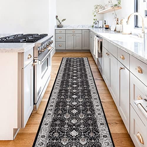 Hallway Washable Runner Rug - 2x10 Kitchen Rugs Entryway Rug Runner Vintage Soft Floor Mat Non Slip Indoor Farmhouse Carpet for Bathroom Living Room Bedroom(2 X 10, Black) - Image 6