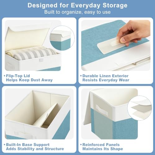 Bagnizer Large 22 Quart Linen Fabric Foldable Storage Bin Cube Organizer Basket with Flip-Top Lid & Handles, Clothes Blanket Box for Home, Office, Closet, Teal & White, 4 Pack 14.6 x 9.5 x 9.5 - Image 6