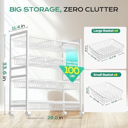 Cinati 4-Tier Snack Cart with Wheels, 29''W Toy Storage Organizer, Rolling Pantry Storage Cart with 10 Wire Baskets & Handle,Adjustable Metal Snack Rack, Kitchen Organizer for Fruit, Vegetables(White) - Image 6