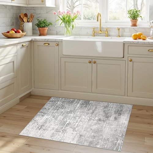 Abstract 2x3 Entryway Area Rugs: Washable Water Resistant Kitchen Rug Non-Slip Durable Doormat Ultra Soft Bedroom Beside Carpet Indoor Low Pile Floor Mat for Bathroom Stove Sink Area(2x3,Light/Grey) - Image 6