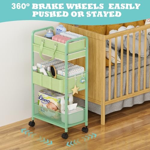 LIDTOP 2in1 Baby Diaper Caddy Organizer Cart, 3-Tier Rolling Cart, Metal Diaper Caddy Carts, Bedside Carts for Nursery Essentials Storage, Detachable Dividers, Large Capacity, Green - Image 7