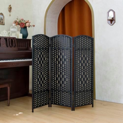 Compact 3 Panel Short Room Divider, 47.2 Inch Tall Double-Sided Rattan Folding Screen for Home & Office,Black - Image 5