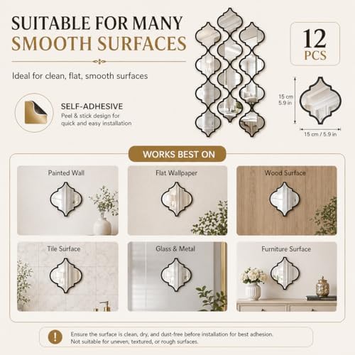 12PCS Moroccan Style Acrylic Wall Mirror Panels, Self-Adhesive Decorative Mirror Tiles for Bathroom, Living Room, Entryway Accent Wall, Lightweight Shatterproof Home Wall Decor (Black) - Image 6