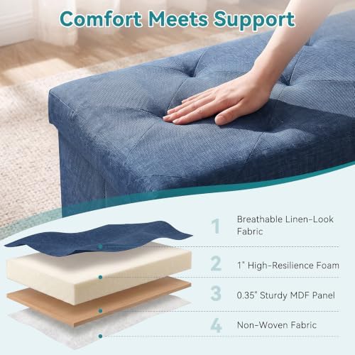 OLIXIS 30 Inch Folding Storage Ottoman Bench, Blue Ottoman with Storage - Image 6