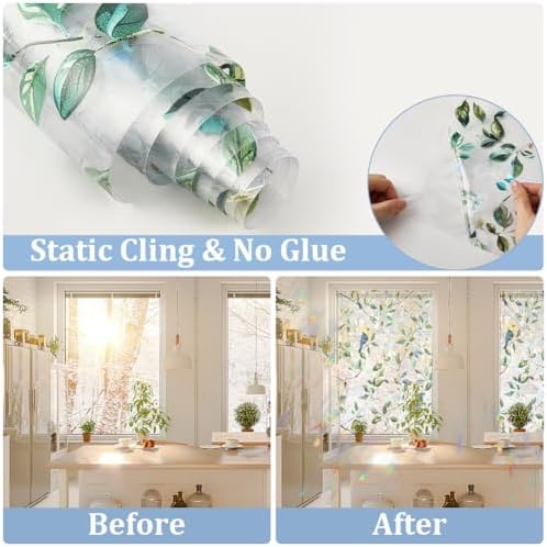 GORGECRAFT 39.4x16.9 Inch Bird on Branch Rainbow Window Privacy Film Green Leaves Plant Static Glass Cling 3D Non-Adhesive Sun Blocking Glass Sticker Prism Stained Window Decals for Room Home - Image 5
