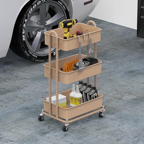 Simple Houseware 3-Tier Heavy Duty Metal Utility Rolling Cart, Khaki - Image 6