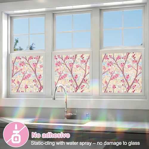Countewol Stained Glass Privacy Window Film Static Cling Window Film Anti-Glare UV Protection Removable Decorative Window Clings for Home(Rainbow Sakura 78.7" L*45.27" W - Image 6