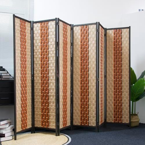 Furnnylane 6 Panel Rattan Room Divider, 5.9 ft Tall Double-Sided Blackout Folding Privacy Screen for Room Separation, with Beige and Orange Panels for Home & Office (70.9" H x 106.3" W) - Image 5